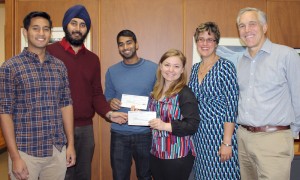 From left to right:  Mehraz Khan (Vice-Chair, Chem Club), Praneet Bagga (Chair, CSChE Toronto Student Chapter), Ishan Gupta (Chair, Chem Club), Larissa Rodo (2014 Graditude campaign representative), Sonia De Buglio (Director, Alumni Relations, FASE) and Grant Allen (Chair, Dept. of Chemical Engineering & Applied Chemistry).